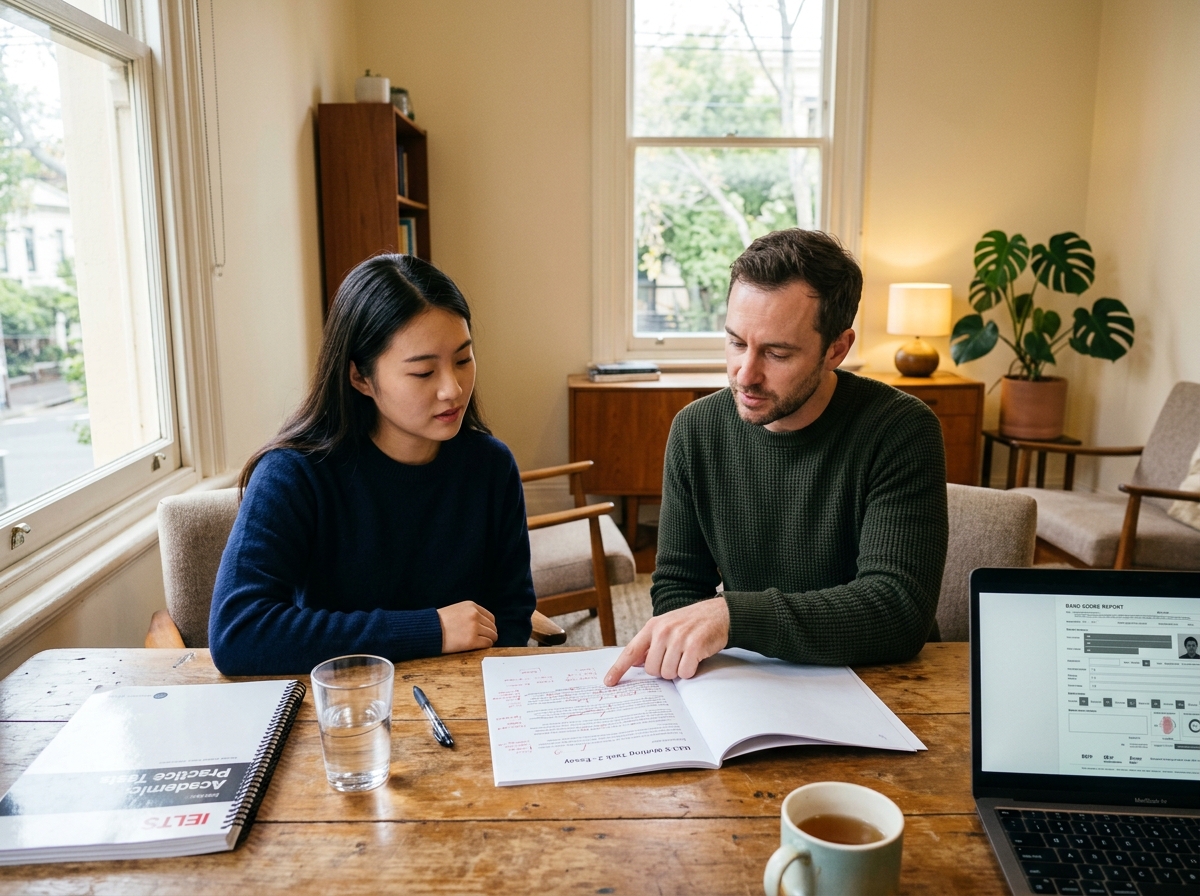 Leap Exam tutor reviewing a student's IELTS Writing essay at the Clayton studio